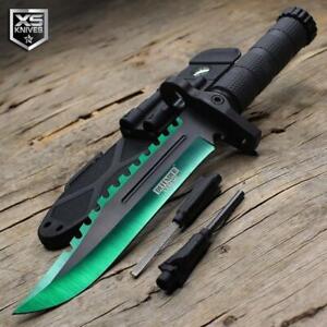 Combat SURVIVAL Tactical GREEN Fixed Blade BOWIE Hunting Knife MULTITOOL Sheath