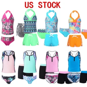 Kids Girls Swimsuit Printed Sleeveless Tops with Shorts Tankini Bathing Suits - Picture 1 of 148