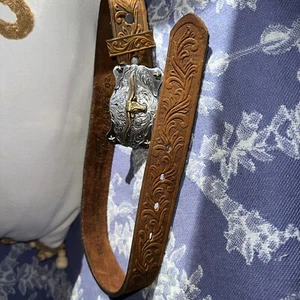 Vintage Tony Lama Boy's Belt With Longhorn Buckle Brown Leather Size 20 - Picture 1 of 5