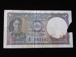 Ceylon 1 Rupee 1941 Banknote Scarce But Damaged (AB01) - Picture 1 of 2