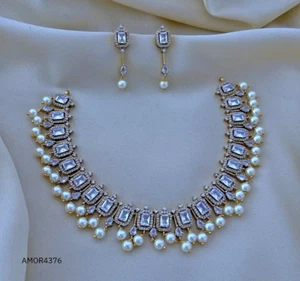Indian Bollywood Bridal Pearl Jewelry Set Ethnic AD Gold Plated CZ Necklace Set - Picture 1 of 9
