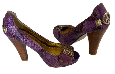 Naughty Monkey Womens 6.5 Purple Snake Skin Heels Pumps Shoes W/ Peace Sign vg - Image 1 of 4