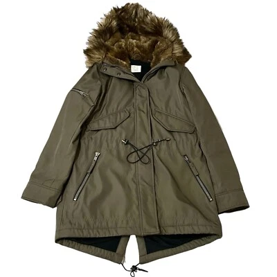 13 NYC Parka Jacket Women Size Small Green Full Zip Fur Trim Hooded Drawstring - Image 1 of 4