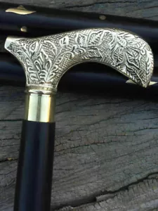 Antiguo bastón de madera de diseño grabado vintage mango de latón bastón macizo - Imagen 1 de 6