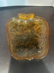 Vintage Hazel Atlas Amber Glass Apple Trinket Dish Floral Design | Ornate Detail - Picture 1 of 2