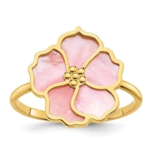 14K Solid Yellow Gold Beaded Pink Mother of Pearl Flower Ring - Picture 1 of 11