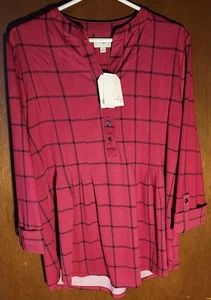 Wunderschönes Top Henley Tunika rot marine Shirt Bluse Bündchenärmel Gr. Large "NEU" - Bild 1 von 5