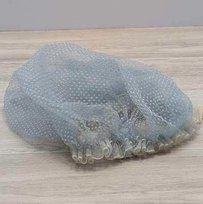 Vintage Light Blue Polka Dot Sheer Bonnet Hair Net with Cream Ruffle Trim —... - Image 1 of 3