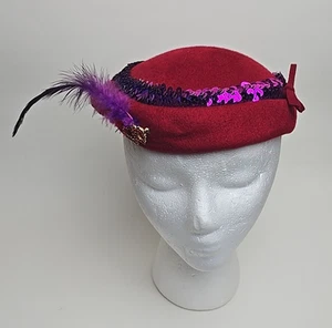 Vintage Henry Pollak Women's Wool Flapper Red Hat Wire Feather Sequin - Picture 1 of 9
