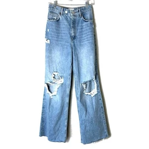 Zara Double Button Wide Leg Ripped Distressed Denim Jeans Size 8 - Picture 1 of 6
