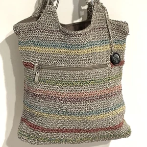 The Sak Schultertasche Tasche taupe mehrfarbig Streifen gewebt gehäkelt Belle Handtasche - Bild 1 von 9