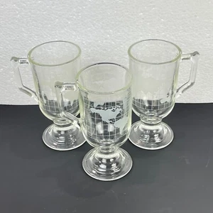 Vintage NESTLE Chocolate Etched WORLD GLOBE MAP 3 FOOTED PEDESTAL mugs READ - Picture 1 of 5