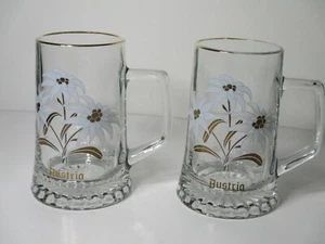 UNIQUE BEER MUGS HEAVY CLEAR GLASS AUSTRIA AND FLOWERS ON MUG GOLD RING GERMANY - Picture 1 of 11