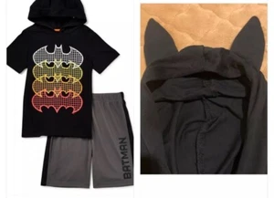 Batman Boys 5 5T Spring Summer Hoodie T Shirt Shorts Set Attached Ears Superhero - Picture 1 of 4