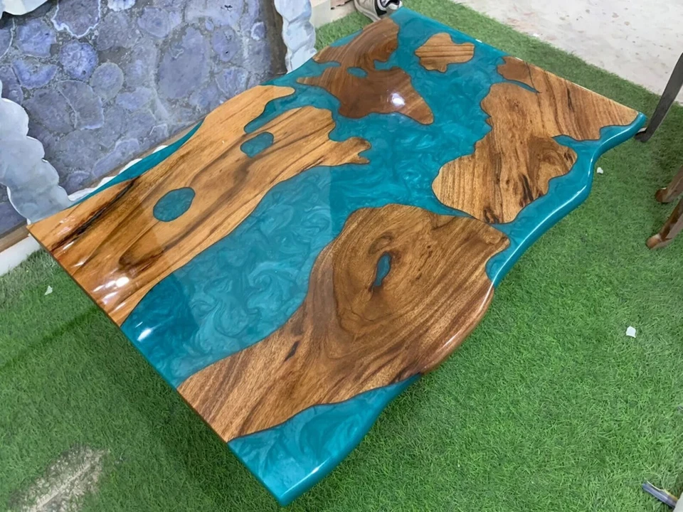 Luxury Epoxy Table Top Handmade Live Edge Blue River Resin Counter Top Slab Deco - Image 1 of 4