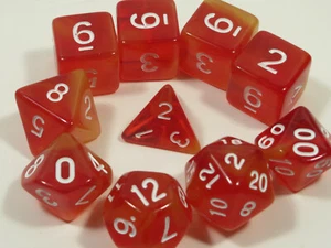 NEW RPG Dice 10pc - Mysty Red Yellow w/white - 1@D4 D8 D10 D12 D20 D00-10 &4D6 - Picture 1 of 8