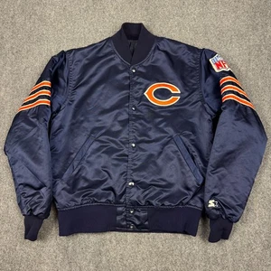 VTG 90s Starter Chicago Bears Satin Bomber Jacket Mens S Blue Snap NFL Made USA - Picture 1 of 9