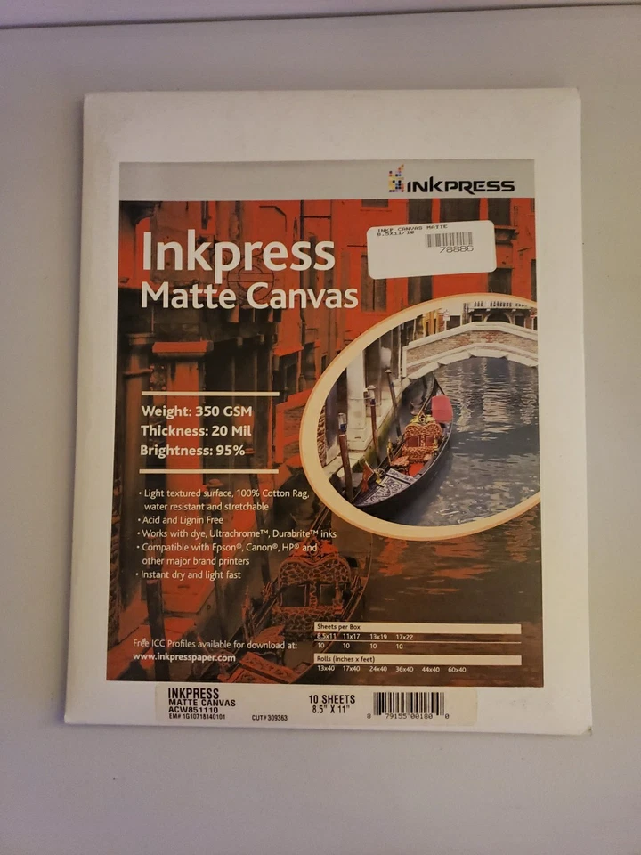 Inkpress Matte Canvas Photo Paper 8.5" X 11.5" 10 Sheets, ACW851110 New Sealed - Image 1 of 4