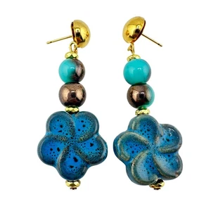 Keramik blaue Blume gebrannt Glas türkis Perlen Handarbeit Ohrhänger 2" Ohrringe - Bild 1 von 3