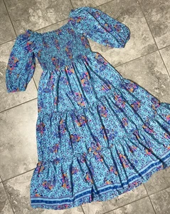 Me 2 Magic Anthropologie Maxikleid blau Blumen gesmokt Stufen A-Linie neu XL - Bild 1 von 18