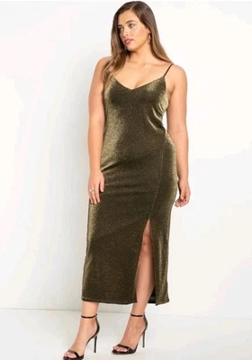 Nuevo con etiquetas Vestido sin Mangas Eloquii Dorado Bronce Brillante Talla Grande Con Abertura Talla 26 Foto 1 de 4