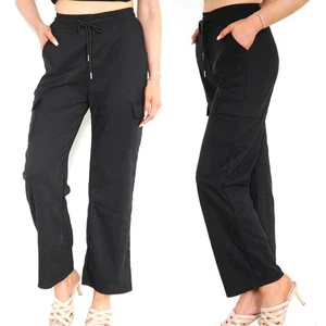Women’s Cargo Pants Wide Leg 4 Pocket Trousers Drawstring Waist New - Picture 1 of 4