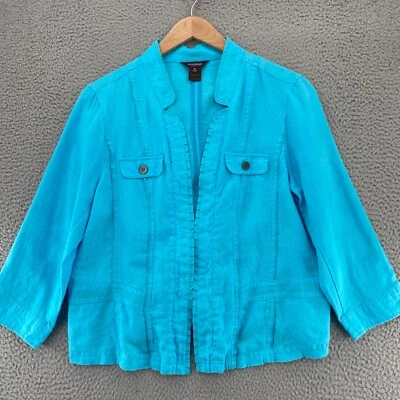 Chaqueta Múltiples Mujer Extra Grande Azul Lino Pintuck Volantes Cazadora Costura Detalle Foto 1 de 4