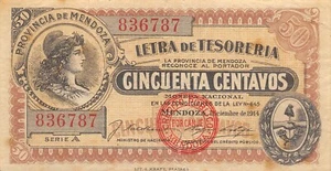 Banconota Argentina / Mendoza 50 Centavos 12.1914 Serie A Circolata QZ89 - Foto 1 di 2
