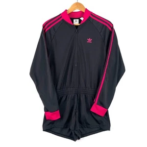 Adidas Leoflage Jumpsuit Womens Size 12 Black Pink Zip Up Elastic Waist Trefoil - Picture 1 of 9