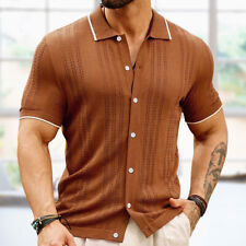 Men's Short Sleeve Blouse Knitted Shirts Tees Buttoned Tops Thin Solid Buttons