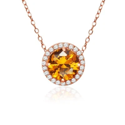 Rund Halo Labor Erstellt Citrin & Cz Halskette IN Rose Vergoldet Sterling Silber - Bild 1 von 4
