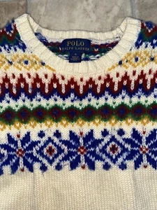 Boys Polo Ralph Lauren Holiday Snow Flake Knit Sweater sz 5 White Red Blue Green - Picture 1 of 5