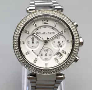 Michael Kors Watch Women MK-5353 Chronograph 39mm Silver Tone New Battery 6.25" - Picture 1 of 13