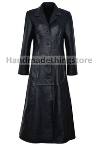 New Ladies Women Black Genuine Real Leather Trench Coat - BNWT - Picture 1 of 4