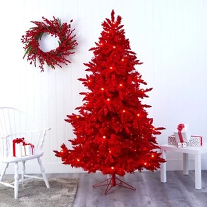 7’ Red Flocked Artificial Christmas Tree w/500 LED’s 40 Globe Bulb. Retail $610 - Picture 1 of 3