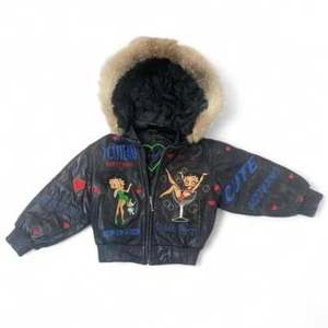 Small Kids Betty Boop Black embroidered leather jacket with fur hood. - Picture 1 of 8