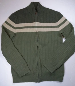 EXPRESS Men's Green & Gray Stripe Full Zip Knit 100% Cotton Sweater NEW Small - Picture 1 of 3