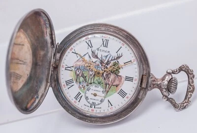 Painted Deer Dial! 1970s Arnex Swiss 49mm Hunting Pocket Watch 17j Unitas 6498 - Image 1 of 4