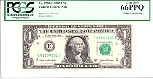 2003-A $1 FRN PCGS Gem New 66PPQ Fancy TRUE 0/1 BINARY Serial #E01100101B - Picture 1 of 2