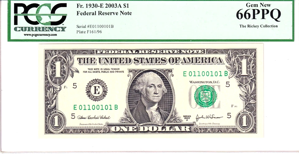 2003-A $1 FRN PCGS Gem New 66PPQ Fancy TRUE 0/1 BINARY Serial #E01100101B - Image 1 of 2