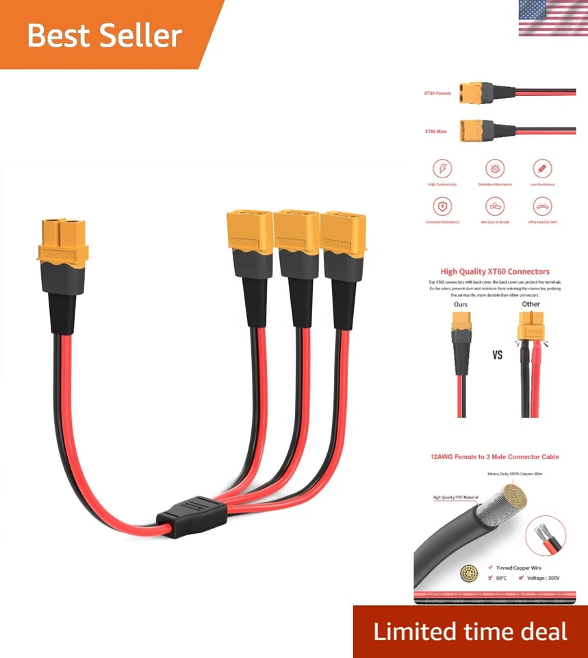 12AWG XT60 Splitter Cable 1FT - Connect 1 Female to 3 Male for Drones & RC Cars - Image 1 of 4