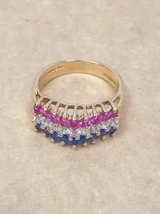 New 14KGE Size 10 Red White Blue American Fourth 4th July Gemstone Ring Cluster - Picture 1 of 10
