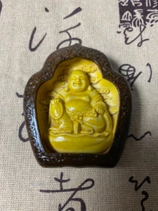 Buddhist Art by Buddhist Artists Buddha Statue Yellow Boxwood 65×50×15mm - Picture 1 of 2