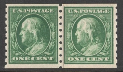1910 US SC 392 1c Green Benjamin Franklin, Coil Vertical Paste Up MNH VF/XF - Image 1 of 3