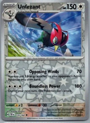 Unfezant SV05: Temporal Forces 135/162 Near Mint NM Reverse Holo - Image 1 of 2