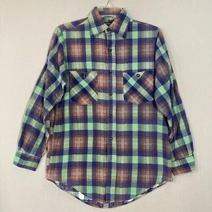 Vintage 70s JCPenney 100% Cotton Plaid Flannel Button Down Shirt S Mint Green - Picture 1 of 8