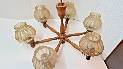 Kronleuchter/Deckenlampe, 60er/70er Jahre, Rahmen Holz, Durchmesser ca. 70 cm - Bild 1 von 4