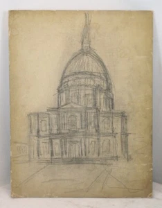 Antique Dome St. Paul's Cathedral Building Pencil Architectural Sketch Drawing - Picture 1 of 9