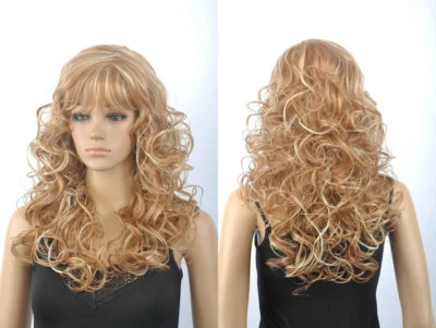 Moda Rubia Mezcla Largo Rizado Mujeres Dama Juegos con disfraces Fiesta Peluca de Pelo Pelucas + Gorra Peluca Foto 1 de 4