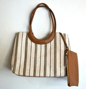 Clark's Stripe Tote Bag Purse - Leather Trim, Brown, Black, Tan & Cream - Picture 1 of 3